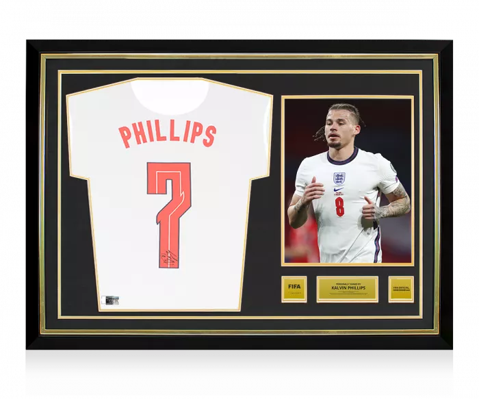 Kalvin Phillips Official FIFA World Cup™ Back Signed and Hero Framed England 2020-21 Home Shirt