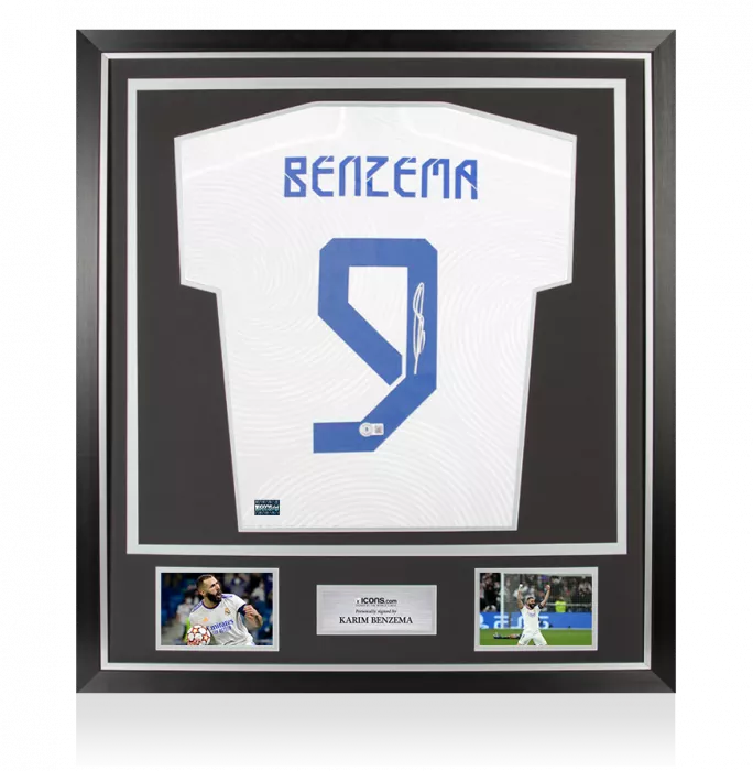Karim Benzema Back Signed Real Madrid 2021-22 Home Shirt with Fan Style Numbers In Classic Frame