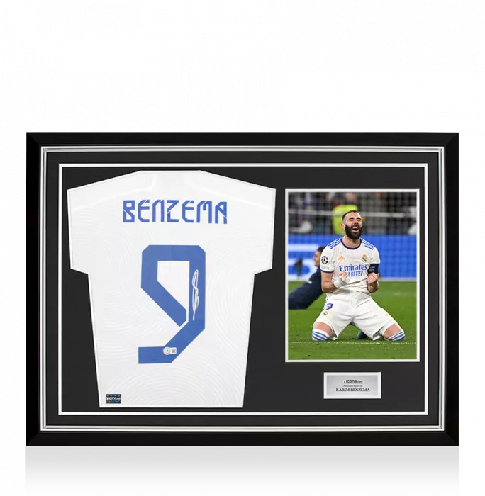 Karim Benzema Back Signed Real Madrid 2021-22 Home Shirt with Fan Style Numbers In Hero Frame: Option 1