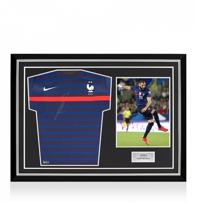 Karim Benzema Front Signed France 2020-21 Home Shirt In Hero Frame: Option 1
