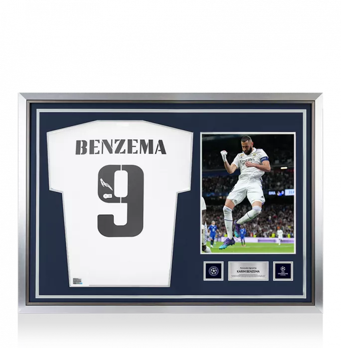 Karim Benzema Official UEFA Champions League Back Signed and Hero Framed Real Madrid 2022-23 Home Shirt