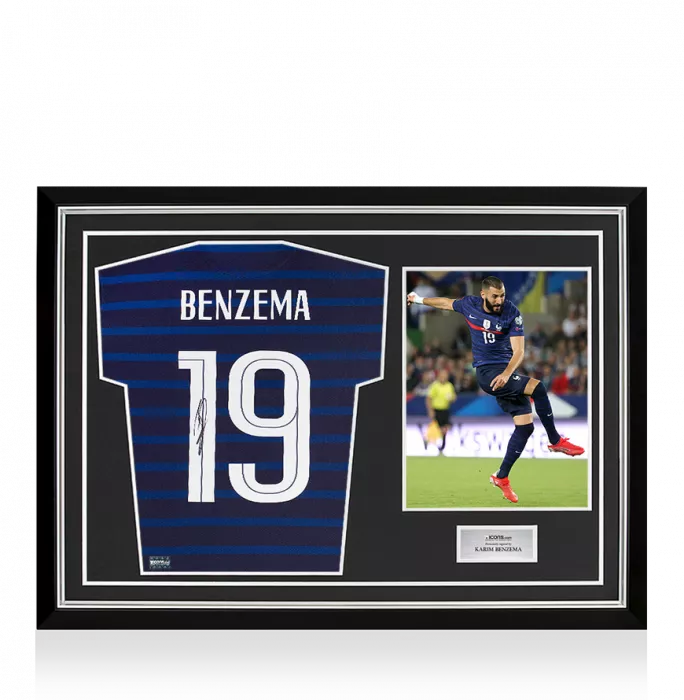 Karim Benzema Signed France 2020-21 Home Shirt With Fan Style Number In Hero Frame: Option 1