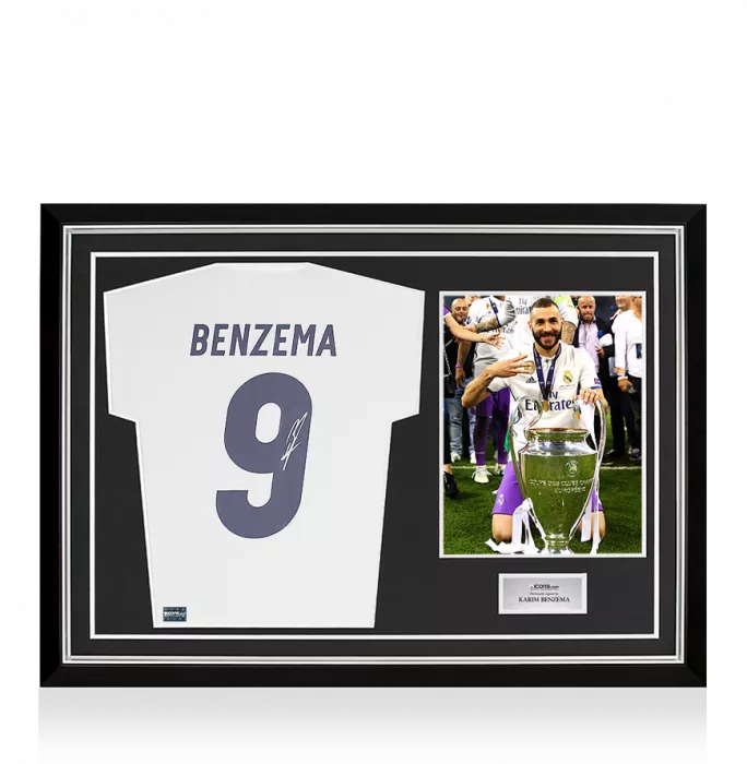 Karim Benzema Signed Real Madrid 2016-17 Home Shirt With Fan Style Number In Hero Frame: Option 1