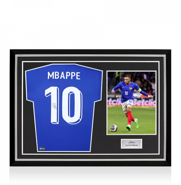 Kylian Mbappe Back Signed France 2024 Home Shirt with Fan Style Numbers In Hero Frame: Option 1