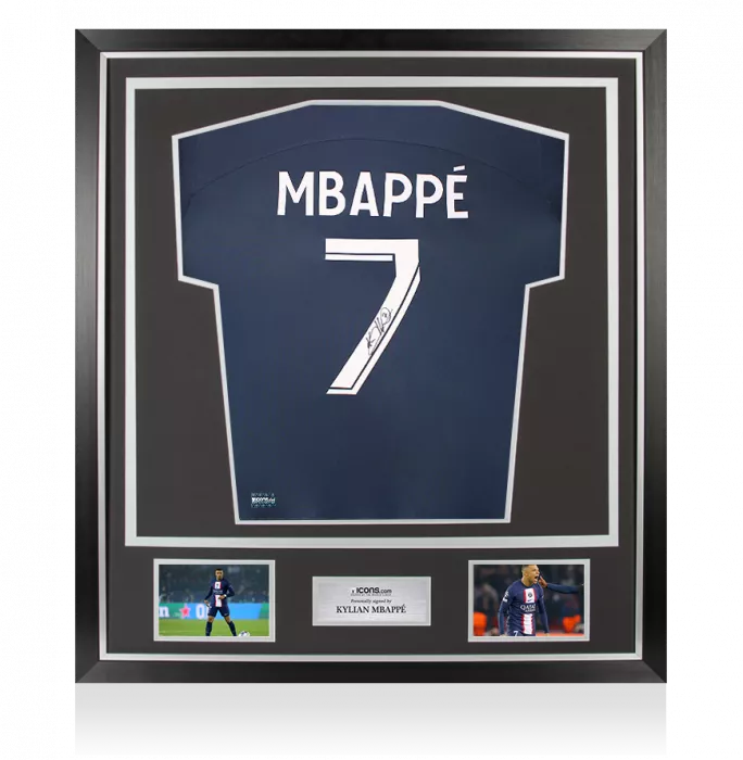 Kylian Mbappe Back Signed Paris Saint-Germain 2022-23 Home shirt with Fan Style Numbers In Classic Frame