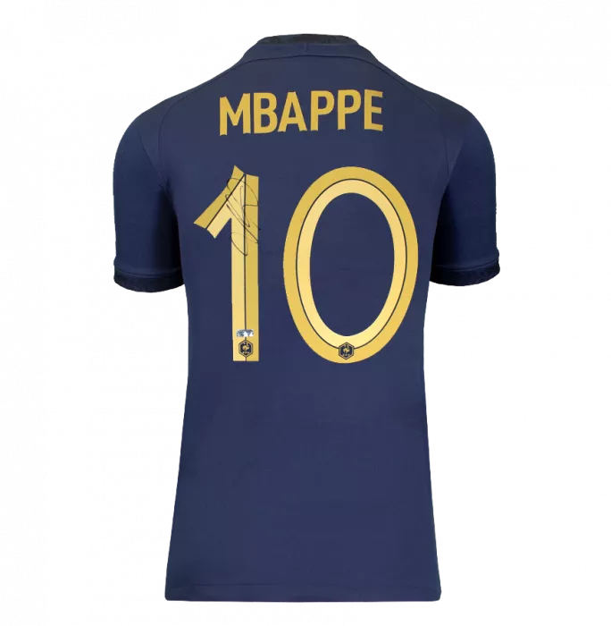 Kylian Mbappe Official 2022 FIFA World Cup™ Back Signed And Hero Framed France 2022 Home Shirt