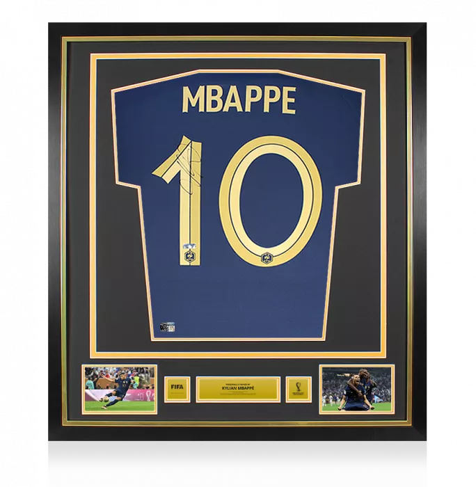 Kylian Mbappe Official 2022 FIFA World Cup™ Back Signed and Framed France 2022 Home Shirt