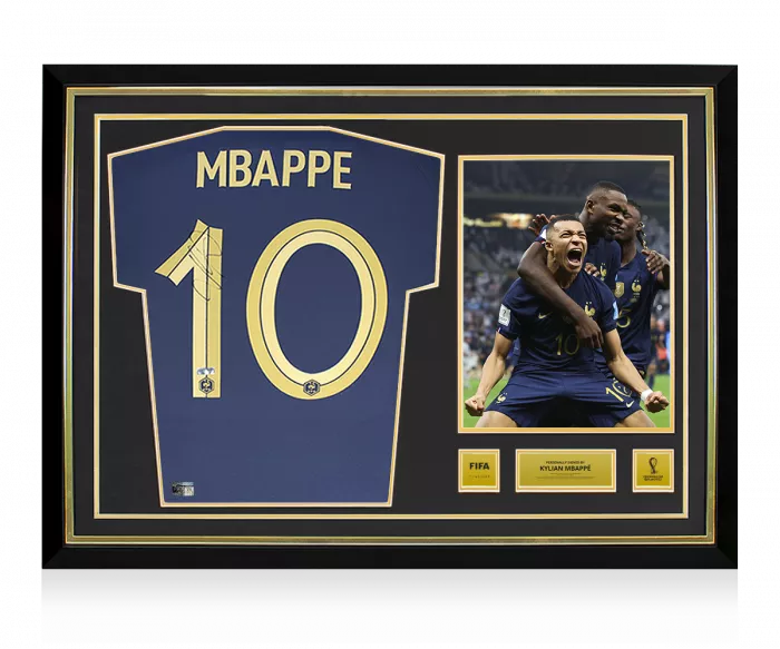 Kylian Mbappe Official 2022 FIFA World Cup™ Back Signed and Hero Framed France 2022 Home Shirt