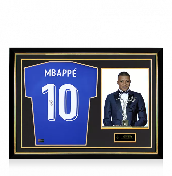 Kylian Mbappe Official Ballon d'Or™ Back Signed and Hero Framed France 2024 Home Shirt with Fan Style Numbers: 2018 Kopa Trophy Winner
