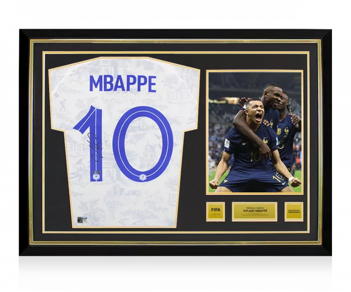 Kylian Mbappe Official FIFA World Cup™ Back Signed and Hero Framed France 2022 Away Shirt