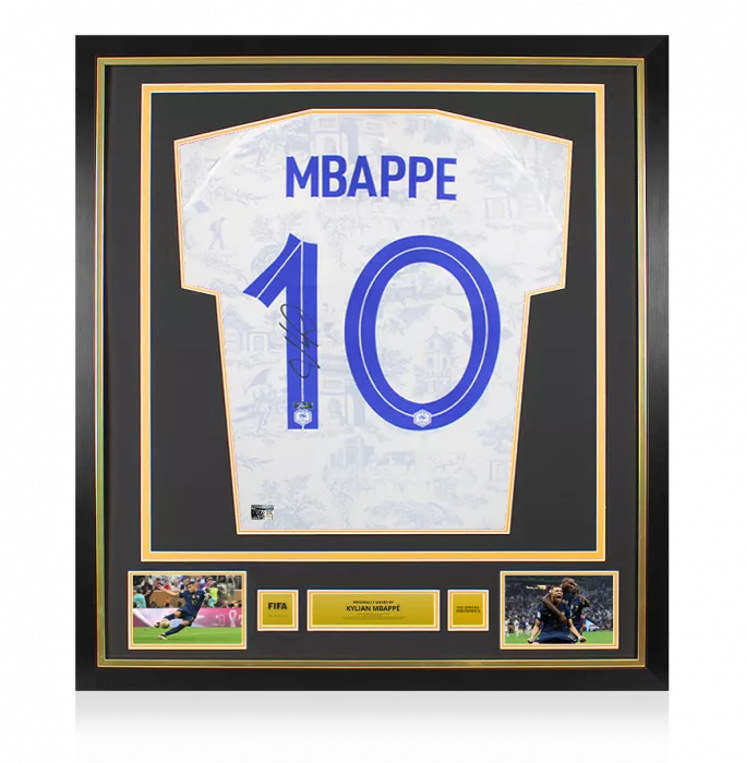 Kylian Mbappe Official FIFA World Cup™ Back Signed and Framed France 2022 Away Shirt