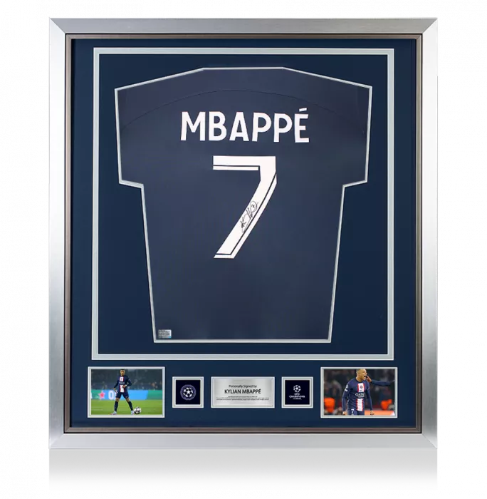 Kylian Mbappe Official UEFA Champions League Back Signed and Framed Paris Saint-Germain 2022-23 Home Shirt with Fan Style Numbers