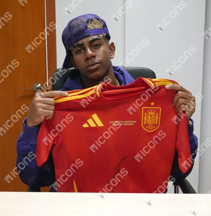 Lamine Yamal Front Signed Spain 2024-25 Home Shirt In Hero Frame Option 1: UEFA EURO 2024 Goal Of The Tournament Edition