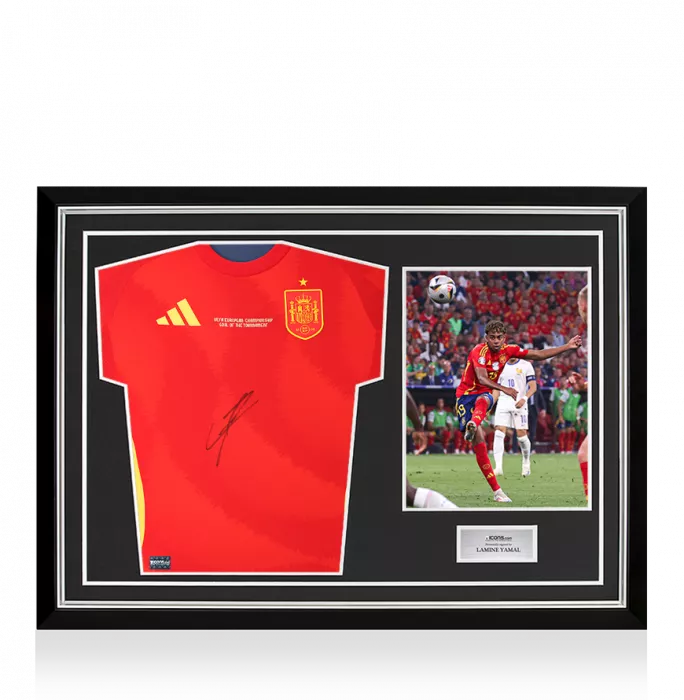 Lamine Yamal Front Signed Spain 2024-25 Home Shirt In Hero Frame Option 1: UEFA EURO 2024 Goal of the Tournament Edition