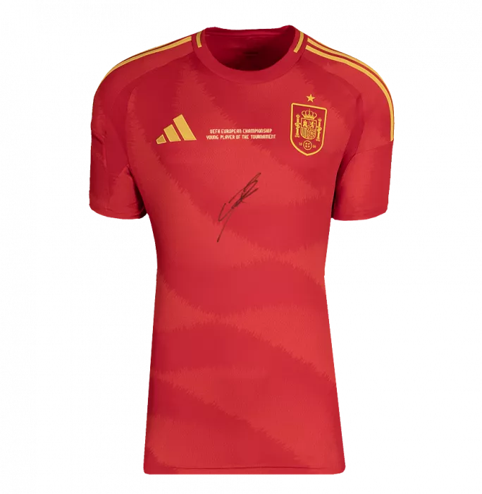 Lamine Yamal Front Signed Spain 2024-25 Home Shirt In Hero Frame Option 1: Young Player Of The Tournament Edition