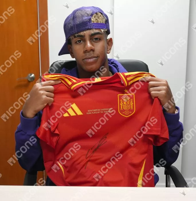 Lamine Yamal Front Signed Spain 2024-25 Home Shirt In Hero Frame Option 1: Young Player Of The Tournament Edition