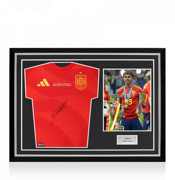 Lamine Yamal Front Signed Spain 2024-25 Home Shirt In Hero Frame Option 1: Young Player of the Tournament Edition