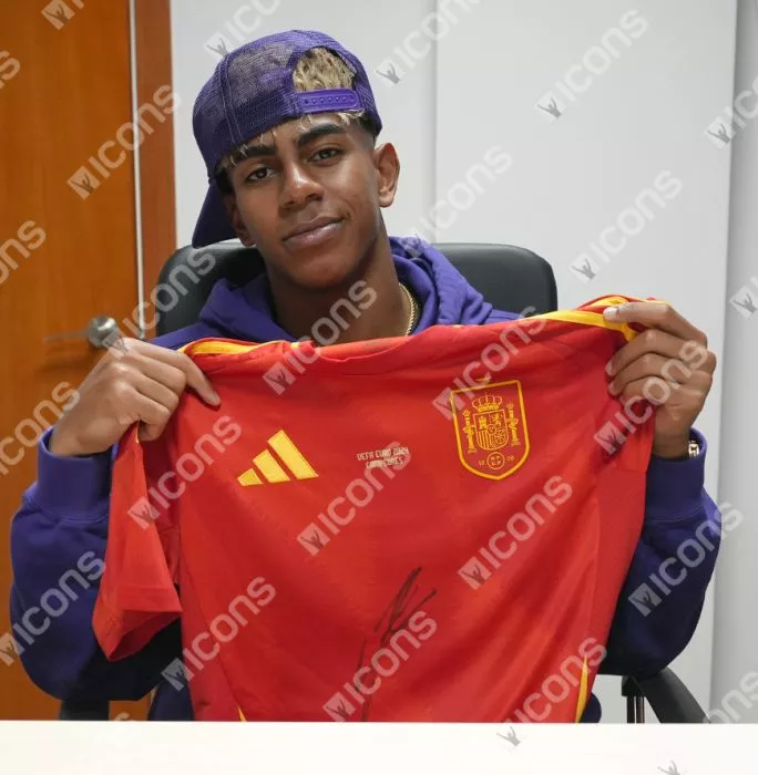 Lamine Yamal Front Signed Spain 2024-25 Home Shirt In Hero Frame Option 1: EURO Campeones 2024 Edition