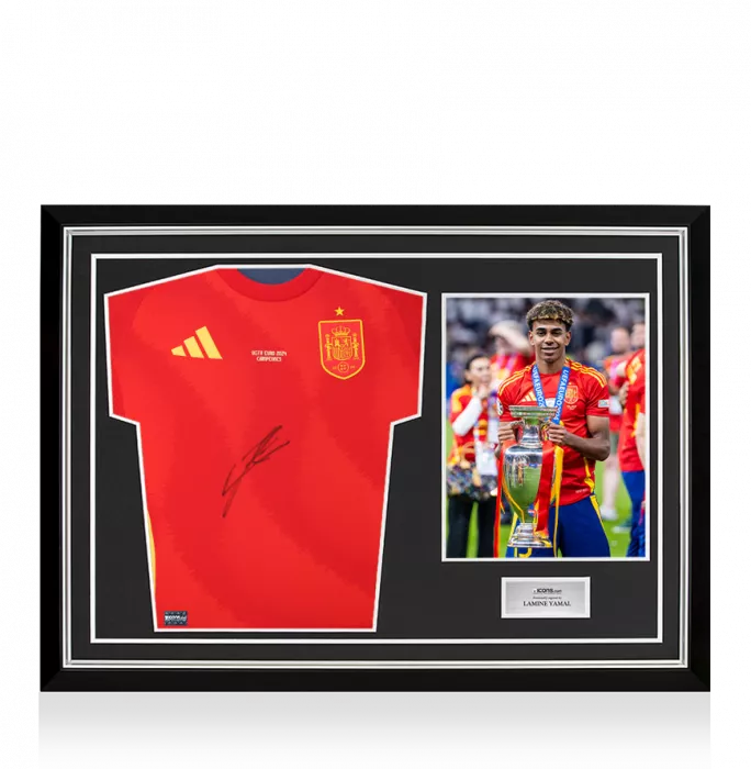 Lamine Yamal Front Signed Spain 2024-25 Home Shirt In Hero Frame Option 1: EURO Campeones 2024 Edition