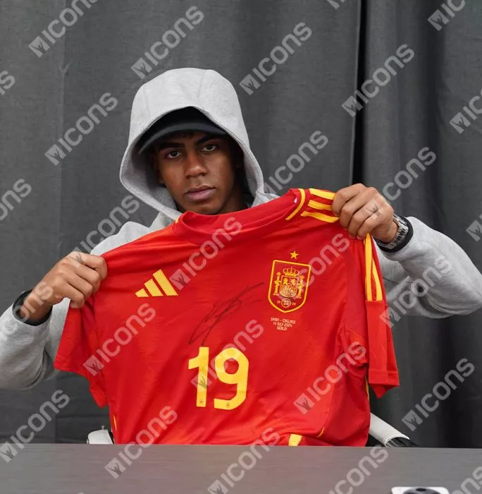 Lamine Yamal Front Signed Spain 2024 Home Shirt In Hero Frame: UEFA EURO 2024 Final Edition