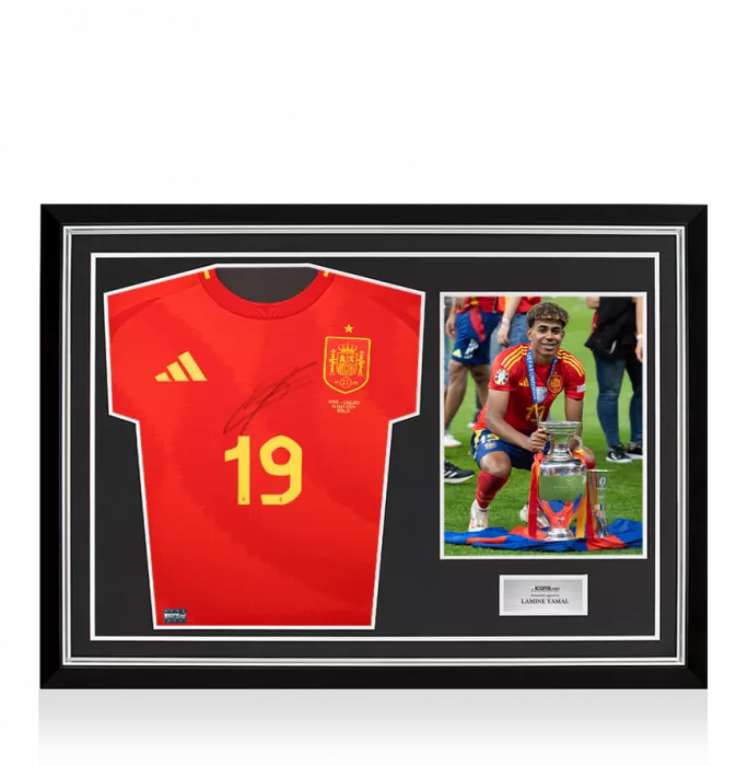 Lamine Yamal Front Signed Spain 2024 Home Shirt In Hero Frame: UEFA EURO 2024 Final Edition