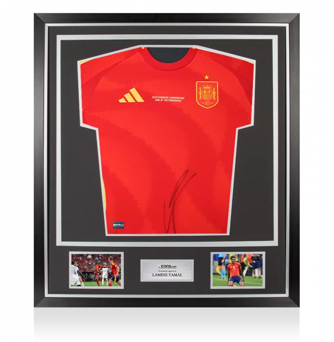 Lamine Yamal Front Signed Spain 2024 Home Shirt In Classic Frame: UEFA European Championship Goal of the Tournament Edition