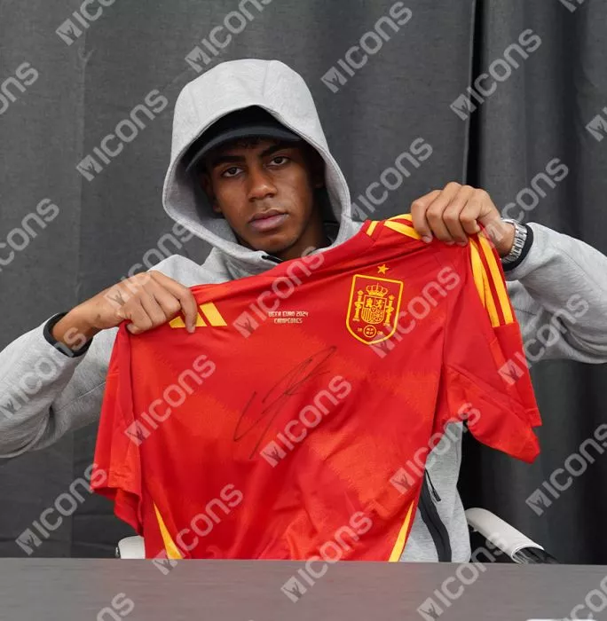 Lamine Yamal Front Signed Spain 2024 Home Shirt In Classic Frame: UEFA EURO 2024 Campeones Edition