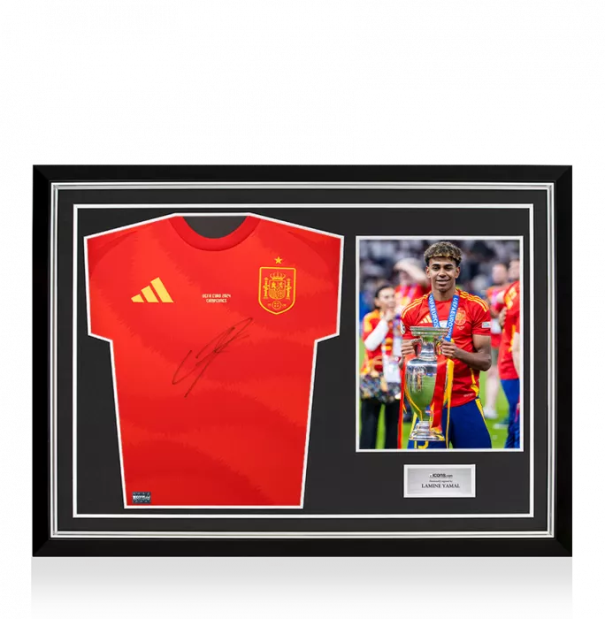 Lamine Yamal Front Signed Spain 2024 Home Shirt In Hero Frame: UEFA EURO 2024 Campeones Edition