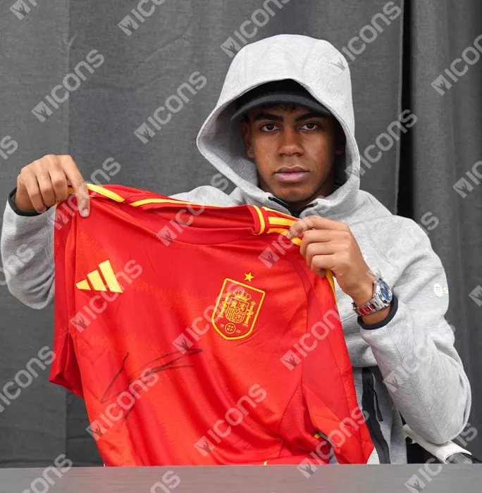 Lamine Yamal Front Signed Spain 2024 Home Shirt In Hero Frame: Option 1