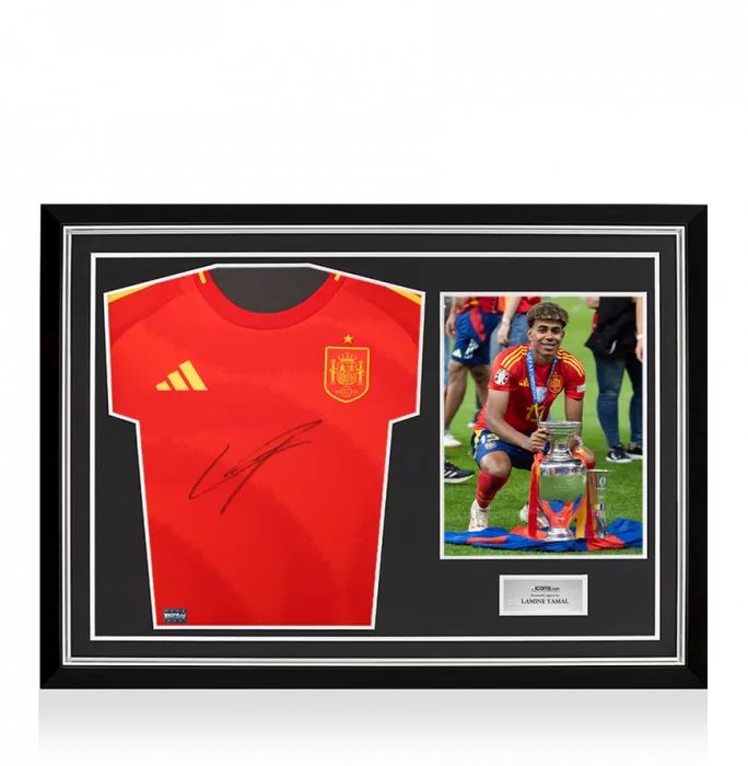 Lamine Yamal Front Signed Spain 2024 Home Shirt In Hero Frame: Option 1