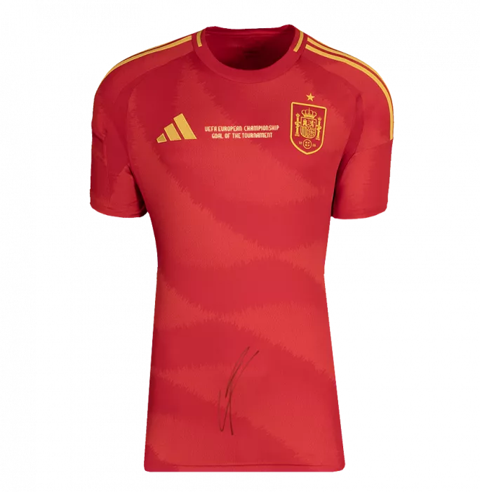 Lamine Yamal Front Signed Spain 2024 Home Shirt: UEFA European Championship Goal Of The Tournament Edition In Hero Frame: Option 1