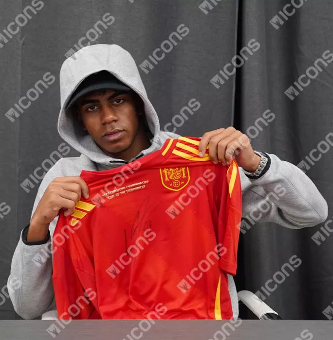 Lamine Yamal Front Signed Spain 2024 Home Shirt: UEFA European Championship Goal Of The Tournament Edition In Hero Frame: Option 1