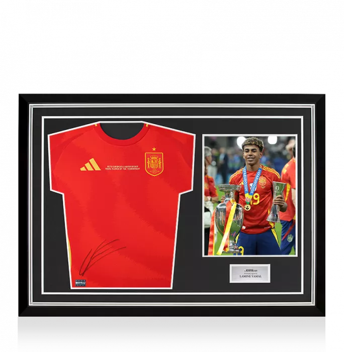 Lamine Yamal Front Signed Spain 2024 Home Shirt: UEFA European Championship Young Player of the Tournament Edition In Hero Frame: Option 1