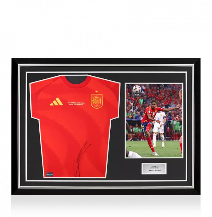 Lamine Yamal Front Signed Spain 2024 Home Shirt: UEFA European Championship Goal of the Tournament Edition In Hero Frame: Option 1