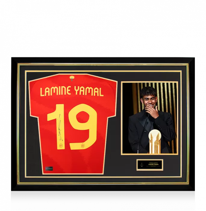 Lamine Yamal Official Ballon d'Or™ Back Signed and Hero Framed Spain 2024 Home Shirt: 2024 Kopa Trophy Winner