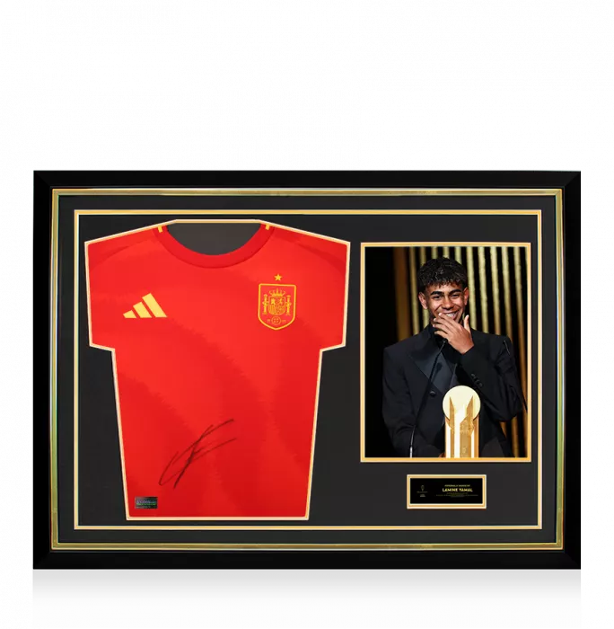 Lamine Yamal Official Ballon d'Or™ Front Signed and Hero Framed Signed Spain 2024 Home Shirt: 2024 Kopa Trophy Winner
