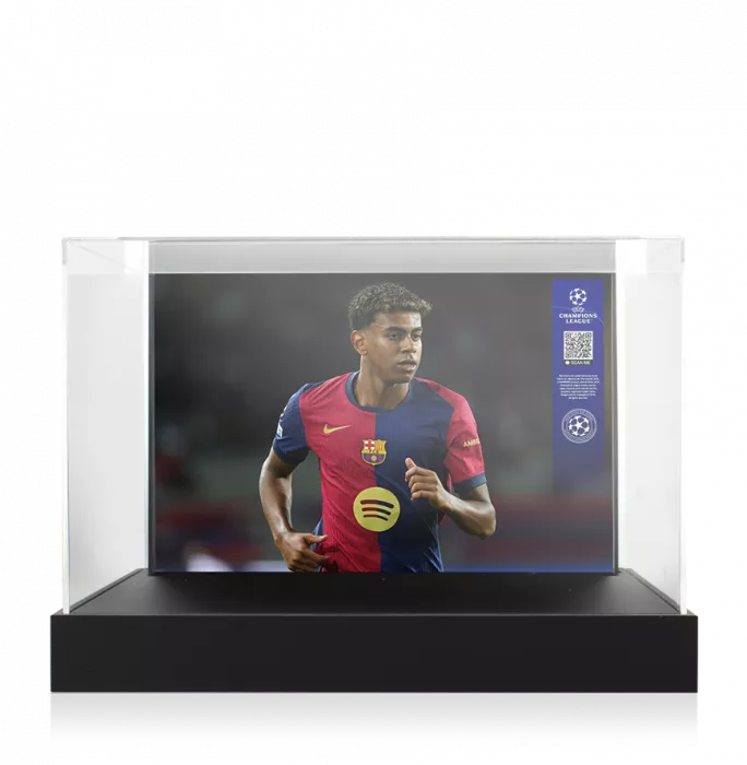 Lamine Yamal Official UEFA Champions League Signed Adidas F50 Elite Laceless Boot In Photo Acrylic Case: Option 1