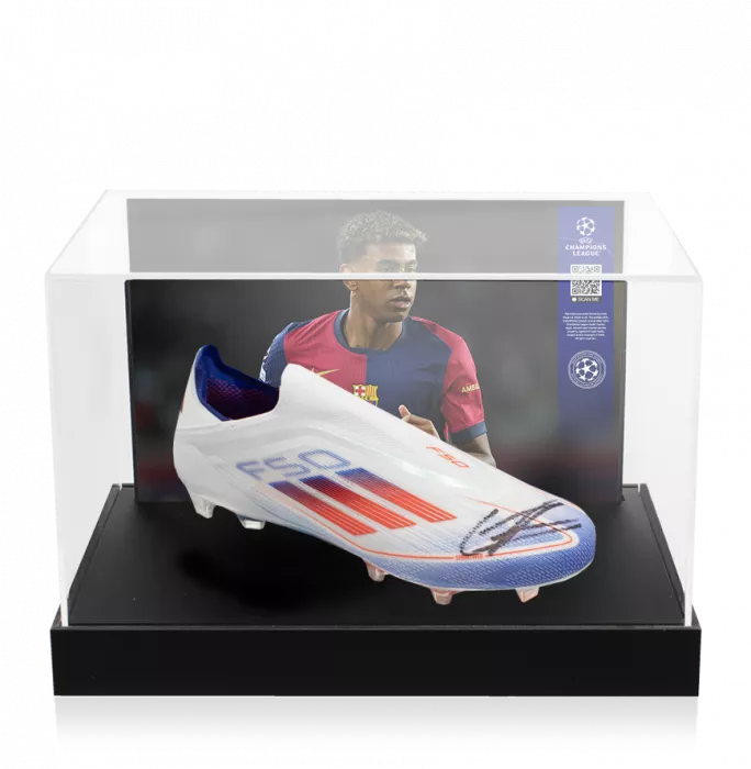 Lamine Yamal Official UEFA Champions League Signed Adidas F50 Elite Laceless Boot In Photo Acrylic Case: Option 1