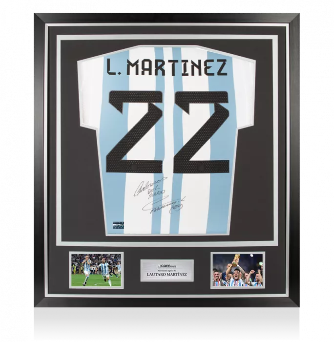 Lautaro Martinez Back Signed Argentina 2022 Home Shirt - "Campeones Del Mundo" Inscription In Classic Frame