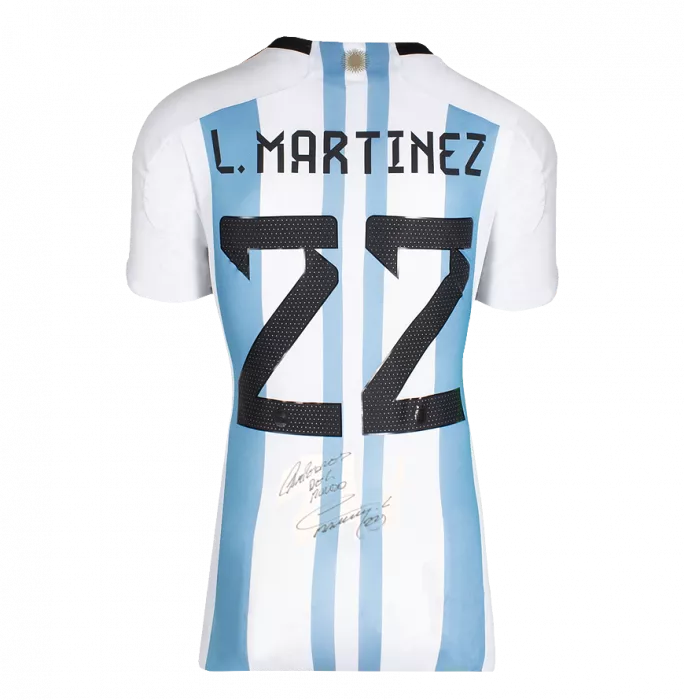 Lautaro Martinez Back Signed Argentina 2022 Home Shirt - "Campeones Del Mundo" Inscription In Hero Frame: Option 1