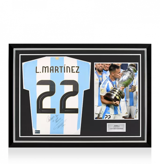 Lautaro Martinez Back Signed Argentina 2024 Home Shirt - "Campeones De La Copa America 2024" Inscription In Hero Frame: Option 1