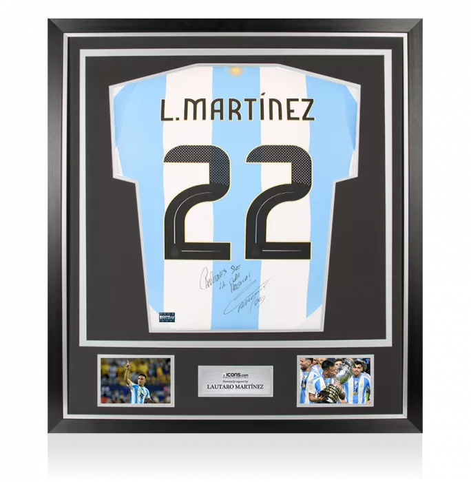 Lautaro Martinez Back Signed Argentina 2024 Home Shirt - "Campeones De La Copa America 2024" Inscription In Classic Frame