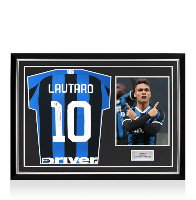 Lautaro Martinez Back Signed Internazionale 2019-20 Home Shirt with Fan Style Numbers In Hero Frame: Option 1