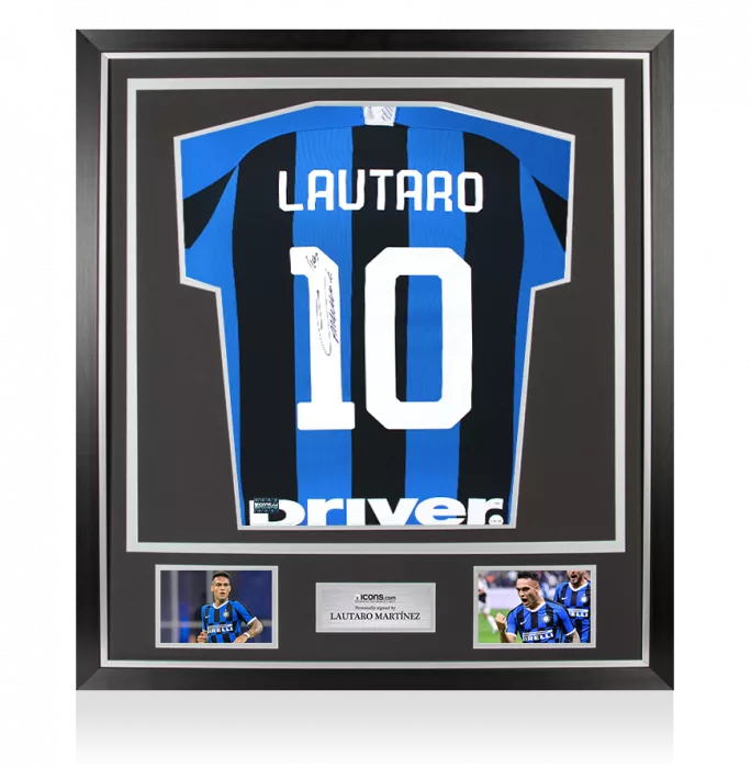 Lautaro Martinez Back Signed Internazionale 2019-20 Home Shirt with Fan Style Numbers In Classic Frame