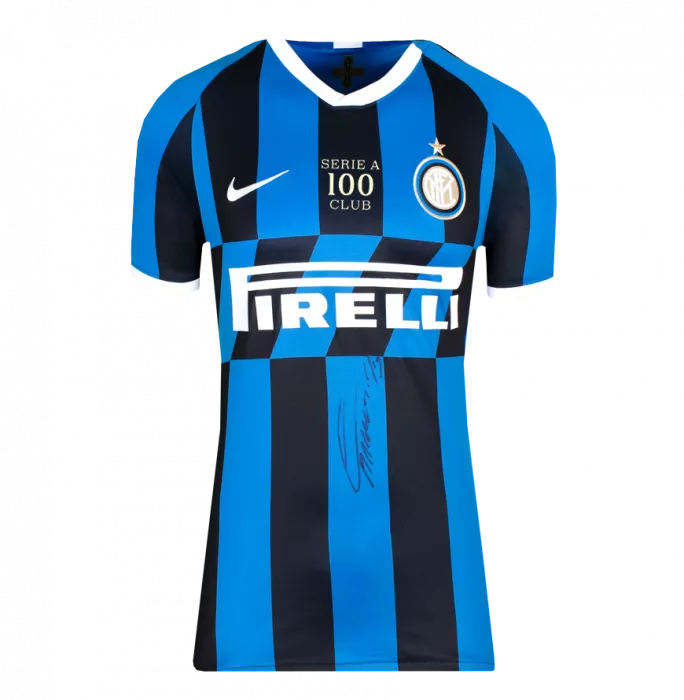 Lautaro Martinez Front Signed Internazionale 2019-20 Home Shirt - 'Serie A 100 Club' Edition In Hero Frame: Option 1