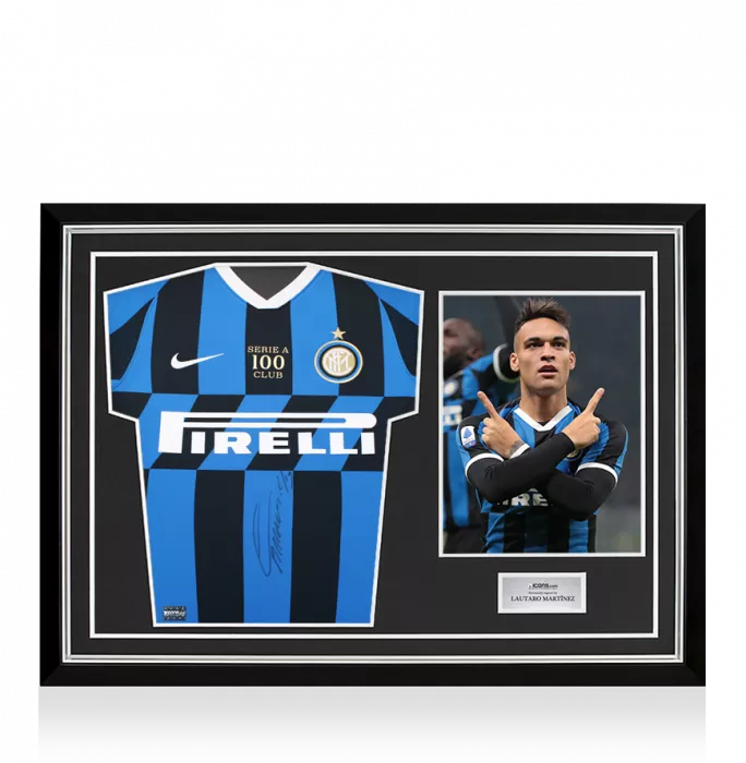 Lautaro Martinez Front Signed Internazionale 2019-20 Home Shirt - 'Serie A 100 Club' Edition In Hero Frame: Option 1