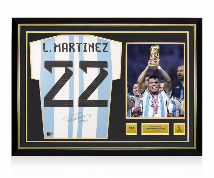 Lautaro Martinez Official 2022 FIFA World Cup™ Back Signed and Hero Framed Argentina 2022 Home Shirt
