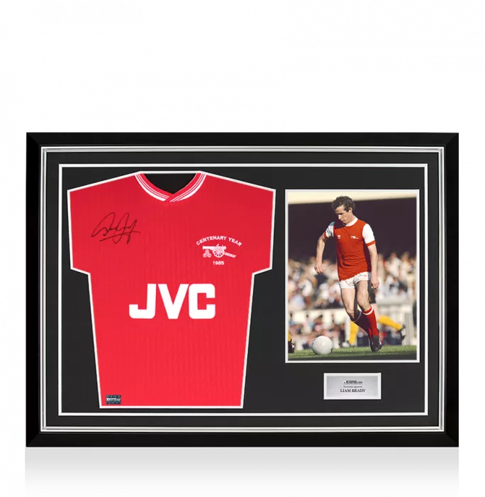 Liam Brady Front Signed Arsenal Home Shirt In Hero Frame: Option 1