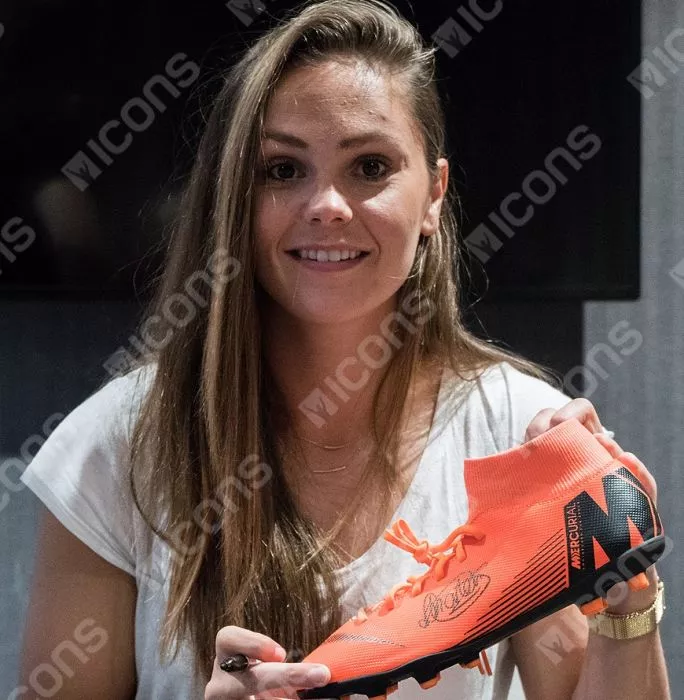 Lieke Martens Official FC Barcelona Signed Orange Nike Mercurial High Top Boot In Acrylic Case