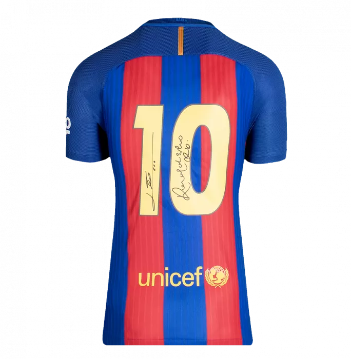 Lionel Messi And Ronaldinho Dual Signed FC Barcelona 2016-2017 Home Shirt In Hero Frame: Option 1